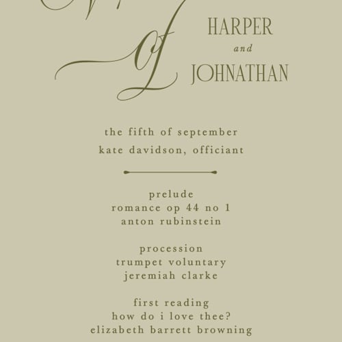 This is a moss unique wedding programs with standard by Kate Ahn called mirin printing on signature in 4x9
