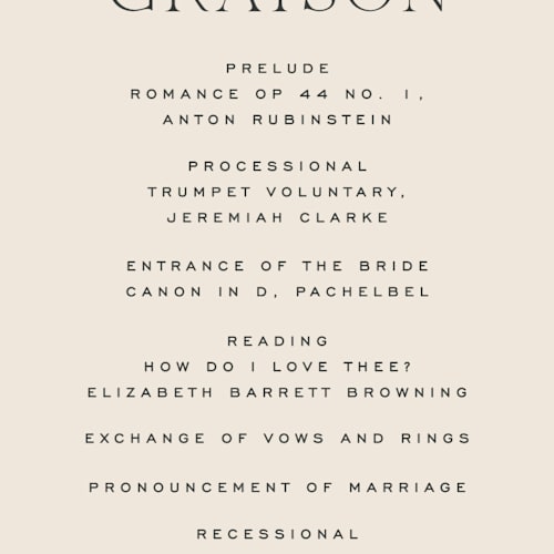 This is a creme unique wedding programs with standard by Carly Reed Walker called tendu printing on signature in 4x9