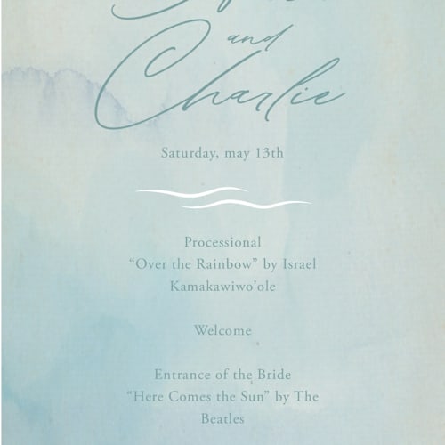 This is a aquatic unique wedding programs with standard by Sabrin Deirani called ocean dreams printing on signature in 4x9