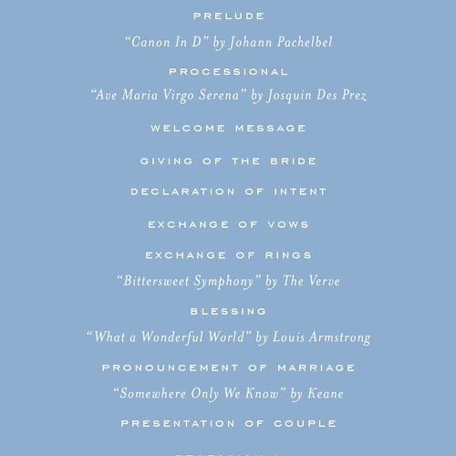 This is a bluebell unique wedding programs with standard by Jessica Williams called marenza printing on signature in standard