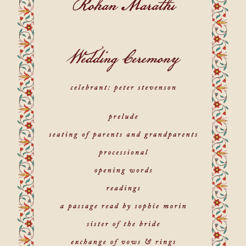 This is a ivory unique wedding programs with standard by Sherley Ferreira called mughal gardens printing on signature in standard