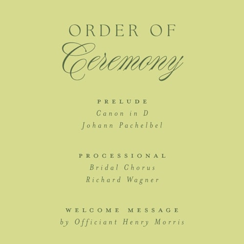 This is a chartreuse unique wedding programs with standard by Everett Paper Goods called carlyle printing on signature in standard