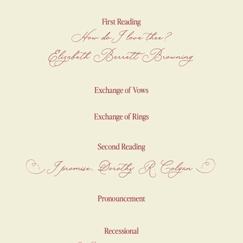 This is a burgundy unique wedding programs with standard by Helena Vitto called elizabeth printing on signature in standard