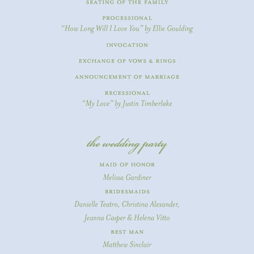 This is a coastal unique wedding programs with standard by Madhvi Samimi called hydrangea vines printing on signature in standard