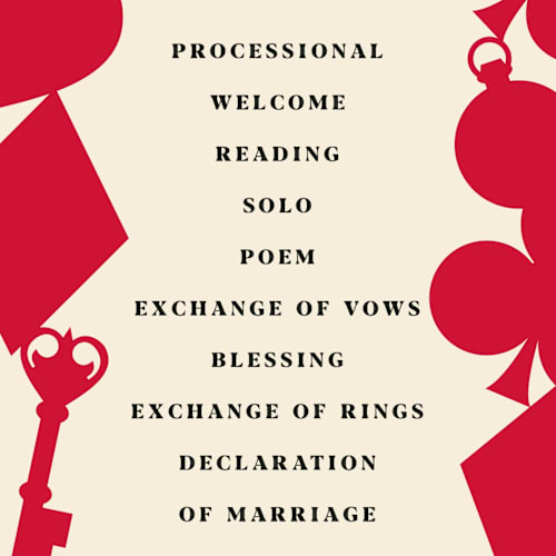 This is a ruby unique wedding programs with standard by Baumbirdy called pair of hearts from disney's alice in wonderland printing on signature in 4x9