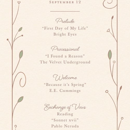 This is a autumn unique wedding programs with standard by Morgan Ramberg called disney storybook printing on signature in 4x9