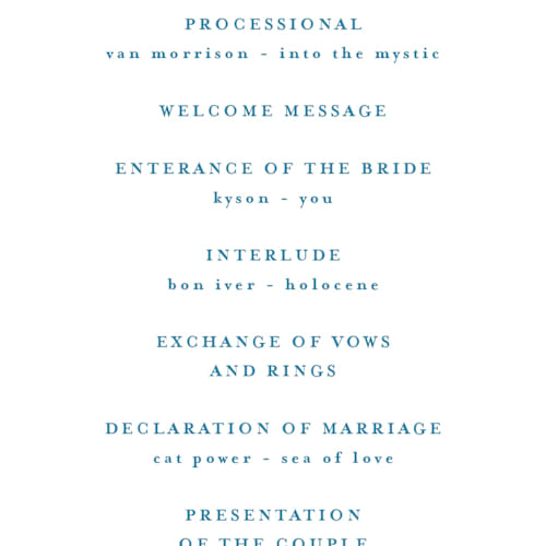 This is a navy unique wedding programs with standard by Anastasia Makarova called watercolor tile printing on signature in 4x9