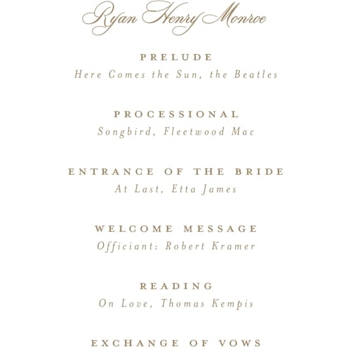 This is a chiffon unique wedding programs with standard by Everett Paper Goods called avalon printing on signature in 4x9