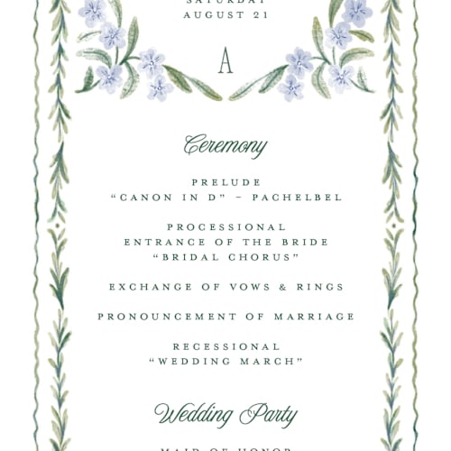This is a wisteria unique wedding programs with standard by Jenna Holcomb called vintage sketched printing on signature in standard