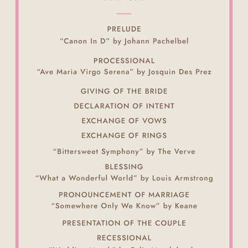 This is a fragola unique wedding programs with standard by Megan Davis called bocce printing on signature in 4x9