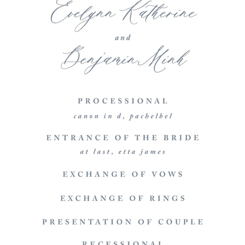 This is a twilight whisper unique wedding programs with standard by Design Lotus called close to my heart printing on signature in 4x9
