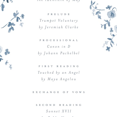 This is a bluebell unique wedding programs with standard by Everett Paper Goods called wildflower corners printing on signature in 4x9