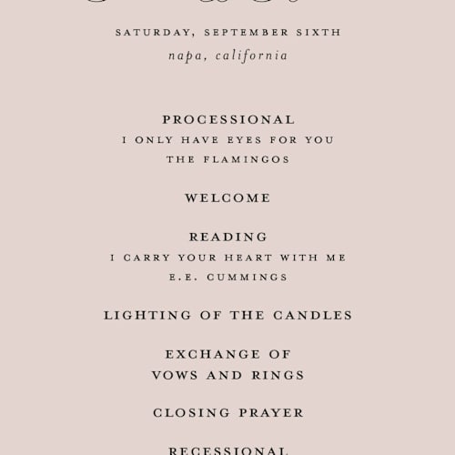 This is a dusty rose unique wedding programs with standard by Kelly Schmidt called arch monogram printing on signature in standard
