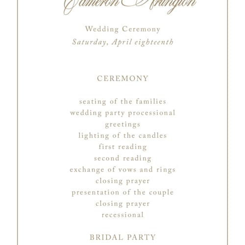 This is a golden unique wedding programs with standard by Kelly Schmidt called greenwood printing on signature in 4x9