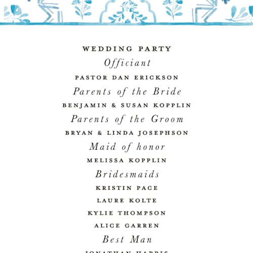This is a cerulean unique wedding programs with standard by Itsy Belle Studio called almafi printing on signature in 4x9