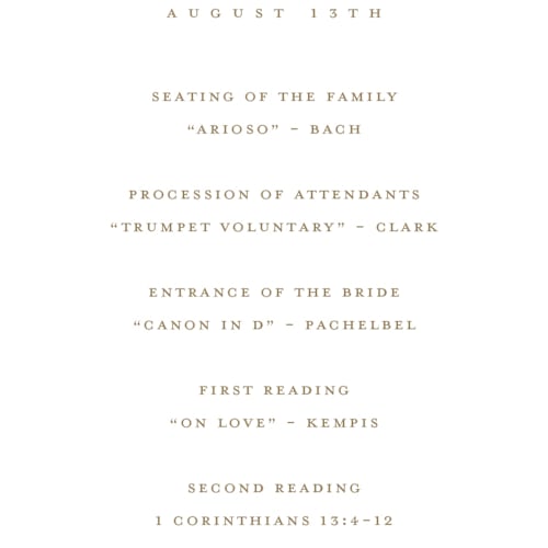 This is a golden unique wedding programs with standard by Stacey Meacham called classic decorum printing on signature in 4x9