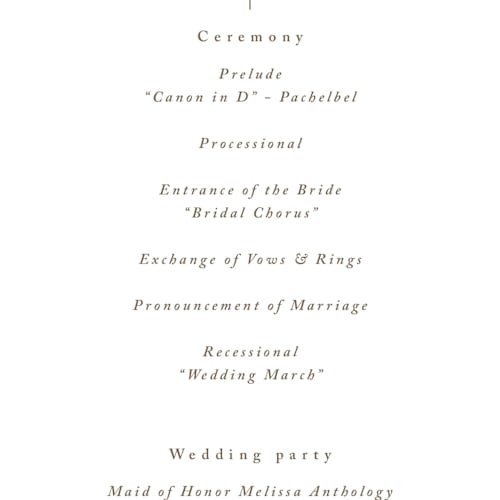 This is a latte unique wedding programs with standard by Cara Scott called whimsy printing on signature in 4x9