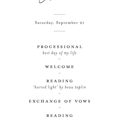 This is a jasmine unique wedding programs with standard by Pippa Shaw called modern classic printing on signature in 4x9