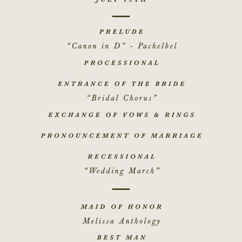 This is a almond unique wedding programs with standard by Olivia Kanaley Inman called blockprint printing on signature in 4x9