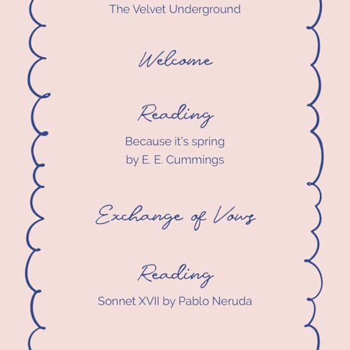 This is a disco blue unique wedding programs with standard by Zove Ahhh called party on! printing on signature in 4x9