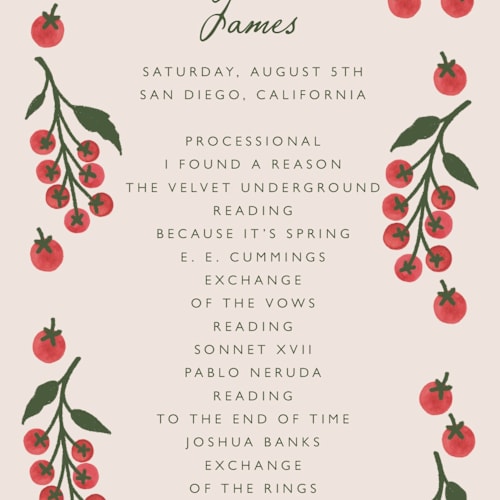 This is a tomato unique wedding programs with standard by Katharine Watson called cherry tomatoes printing on signature in standard