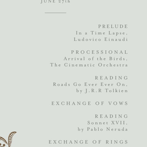 This is a willow unique wedding programs with foil pressed by Leia Matt called riviera printing on signature in 4x9