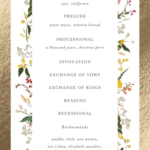 This is a burgundy unique wedding programs with foil pressed by Susan Moyal called enchanting printing on signature in 4x9