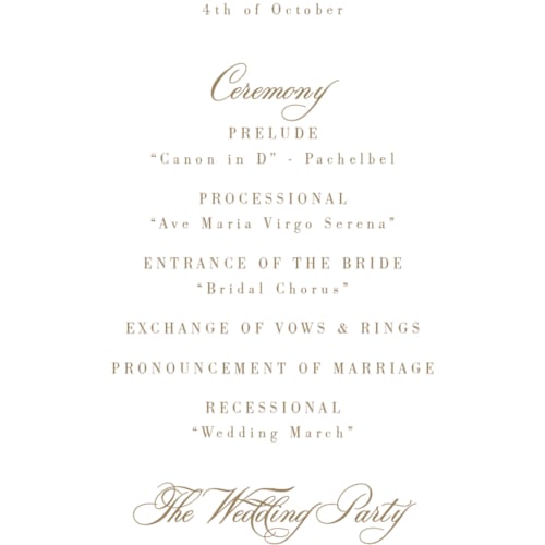 This is a champagne unique wedding programs with foil pressed by Cass Loh called floral crest printing on signature in standard