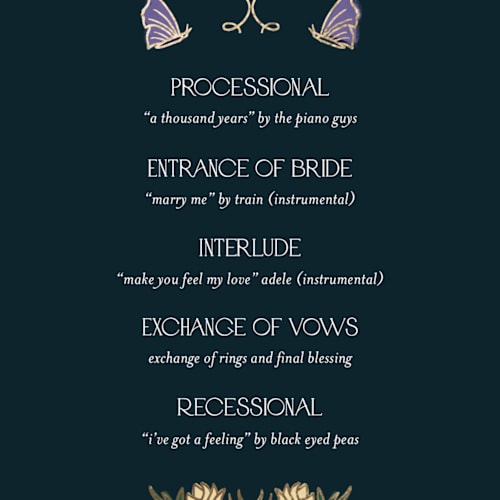 This is a midnight garden unique wedding programs with foil pressed by Simona Camp called gilded tapestry printing on signature in standard