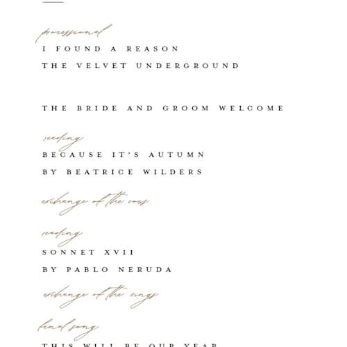 This is a snow unique wedding programs with foil pressed by FRANI called golden stamp printing on signature in 4x9