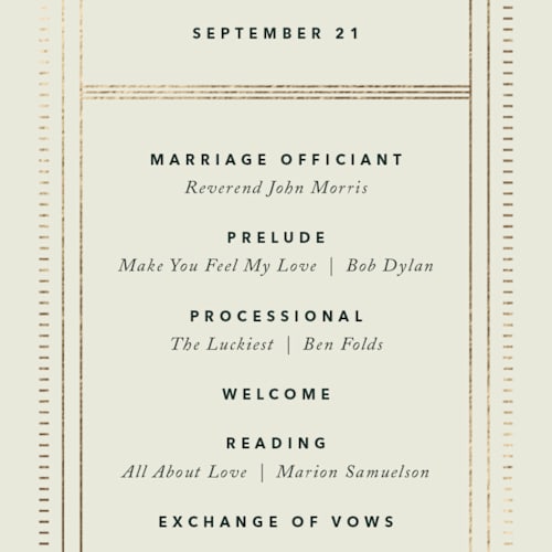 This is a fir unique wedding programs with foil pressed by Kindred Fields called deco arch printing on signature in 4x9