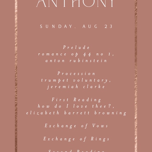 This is a rosewood unique wedding programs with foil pressed by Nicole Walsh called regal printing on signature in 4x9