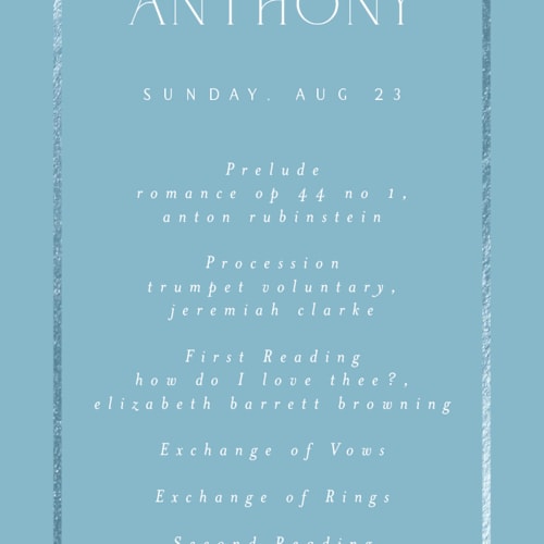 This is a sky unique wedding programs with foil pressed by Nicole Walsh called regal printing on signature in 4x9