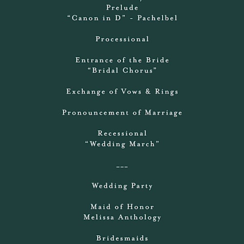 This is a emerald unique wedding programs with foil pressed by Nicole Walsh called surround printing on signature in 4x9