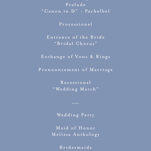 This is a cornflower blue unique wedding programs with foil pressed by Nicole Walsh called surround printing on signature in 4x9