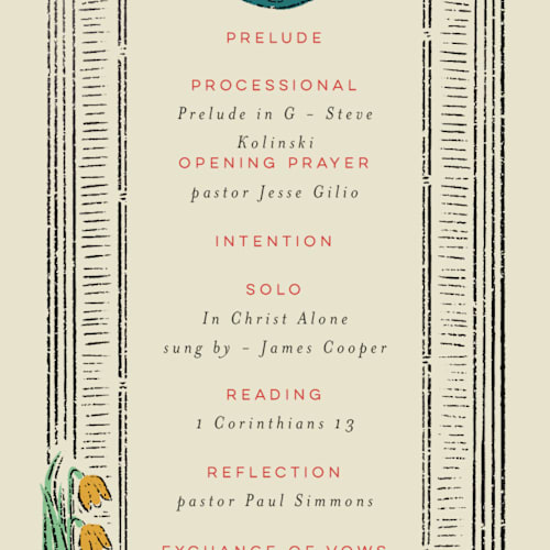 This is a birch unique wedding programs with foil pressed by Shiny Penny Studio called deco spring florals printing on signature in 4x9