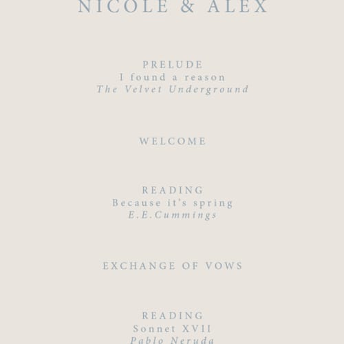 This is a sea spray unique wedding programs with foil pressed by Hannah Bowman called simple seashell printing on signature in 4x9