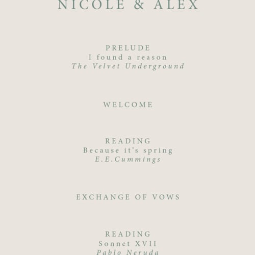This is a kelp unique wedding programs with foil pressed by Hannah Bowman called simple seashell printing on signature in 4x9