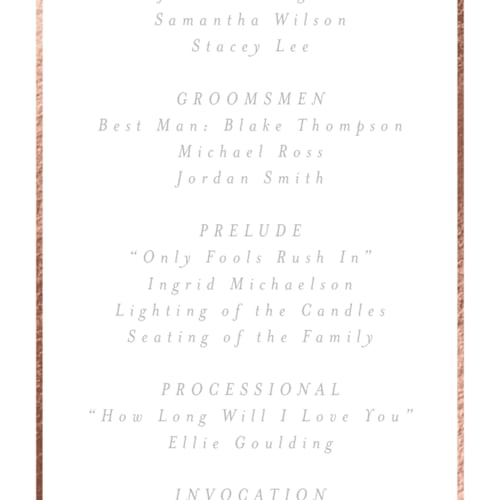 This is a snow unique wedding programs with foil pressed by AK Graphics called bellino printing on signature in 4x9