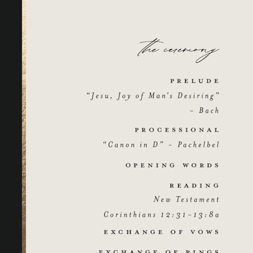 This is a black tie unique wedding programs with foil pressed by Carolyn Nicks called tuxedo printing on signature in 4x9