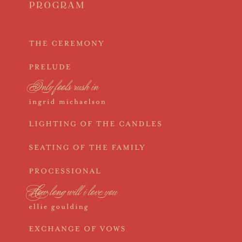 This is a cherry unique wedding programs with foil pressed by Shannon Chen of Four Wet Feet Studio called happiness printing on signature in 4x9