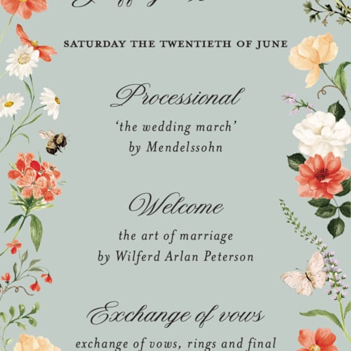 This is a mist unique wedding programs with foil pressed by Sarah Knight called fleur printing on signature in 4x9