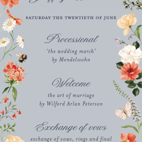This is a something blue unique wedding programs with foil pressed by Sarah Knight called fleur printing on signature in 4x9