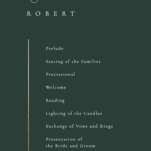 This is a evergreen unique wedding programs with foil pressed by Kelly Schmidt called london printing on signature in 4x9