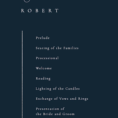 This is a navy unique wedding programs with foil pressed by Kelly Schmidt called london printing on signature in 4x9