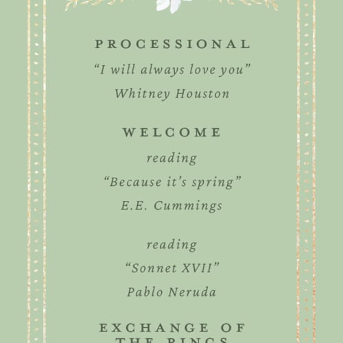 This is a morris unique wedding programs with foil pressed by Claudia Orengo called victorian printing on signature in 4x9