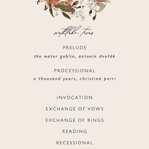 This is a terracotta unique wedding programs with foil pressed by Susan Moyal called delicate printing on signature in standard