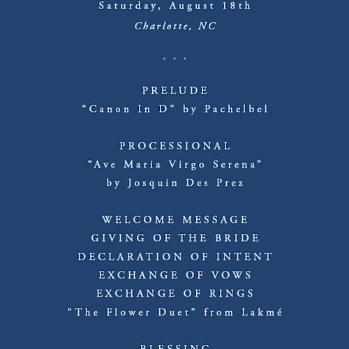This is a royal blue unique wedding programs with foil pressed by Hooray Creative called and centered printing on signature in 4x9
