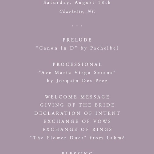 This is a orchid unique wedding programs with foil pressed by Hooray Creative called and centered printing on signature in standard