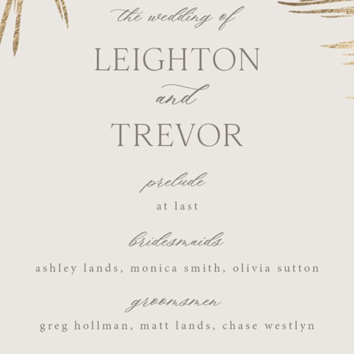 This is a sand unique wedding programs with foil pressed by Melinda Denison called gilded palm printing on signature in standard